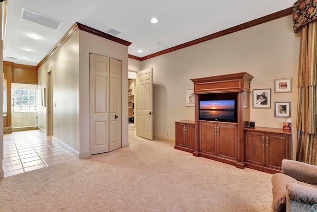 living room featuring crown molding and light colored carpet