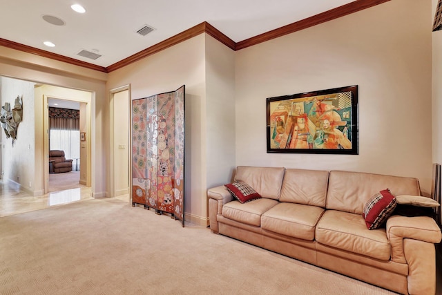 carpeted living room featuring crown molding