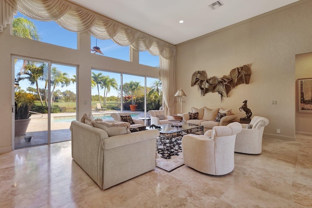 living room featuring a towering ceiling and a healthy amount of sunlight