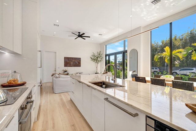 kitchen with sink, light hardwood / wood-style flooring, light stone counters, white cabinets, and black electric cooktop