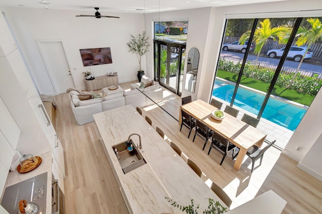 living room with ceiling fan and light wood-type flooring