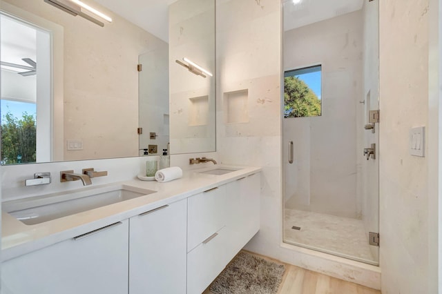 bathroom featuring vanity, wood-type flooring, and a shower with shower door