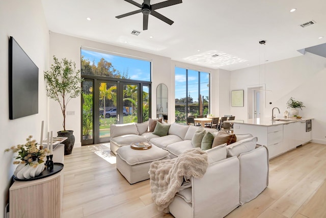 living room with sink, plenty of natural light, and light hardwood / wood-style floors