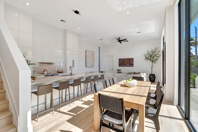 dining room with sink, ceiling fan, and light wood-type flooring