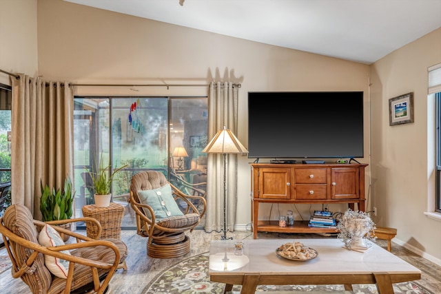 living room featuring lofted ceiling and wood-type flooring