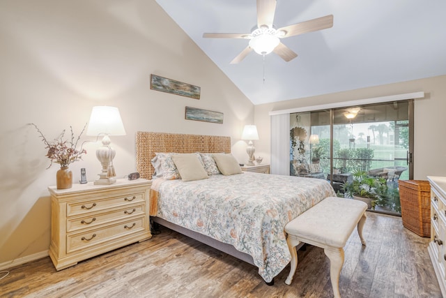 bedroom featuring ceiling fan, access to exterior, high vaulted ceiling, and light hardwood / wood-style flooring