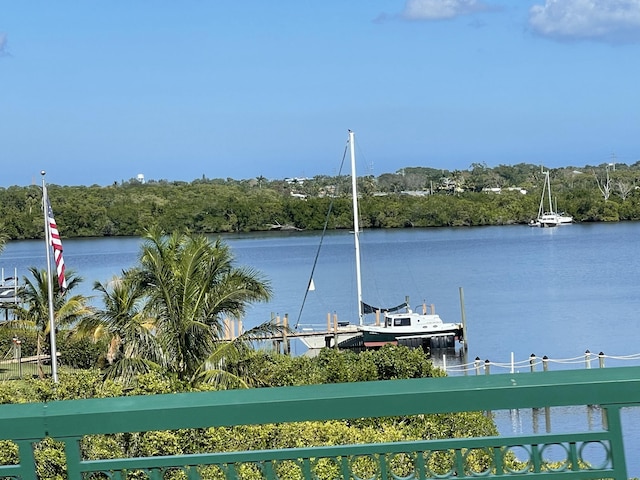 view of water feature with a boat dock