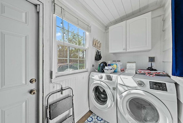 laundry area with cabinets, washing machine and dryer, heating unit, and wood ceiling