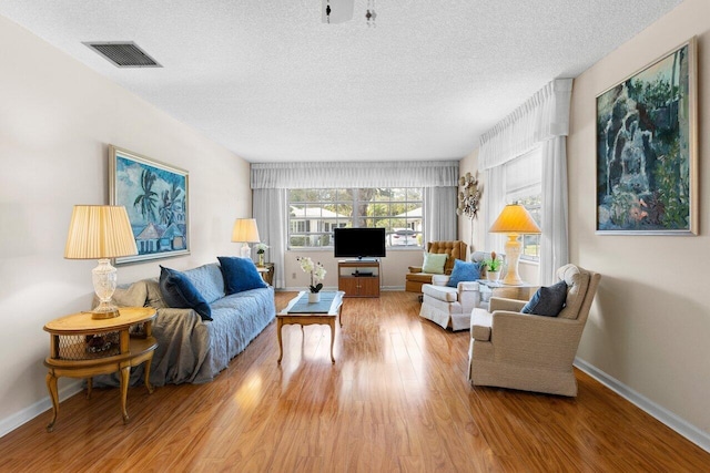 living room with wood-type flooring and a textured ceiling