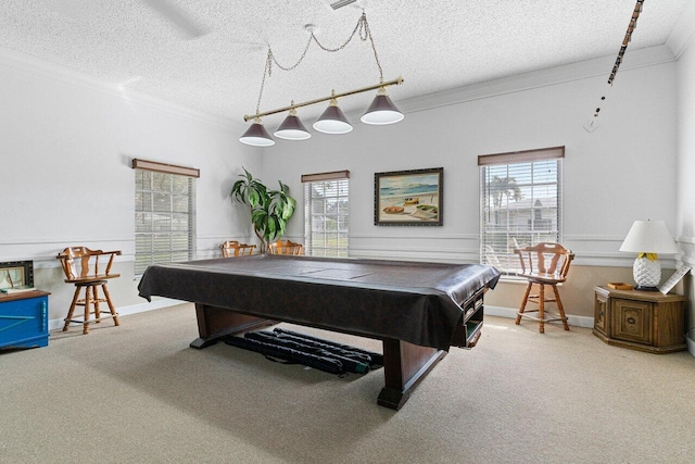 recreation room with crown molding, carpet, a healthy amount of sunlight, and pool table