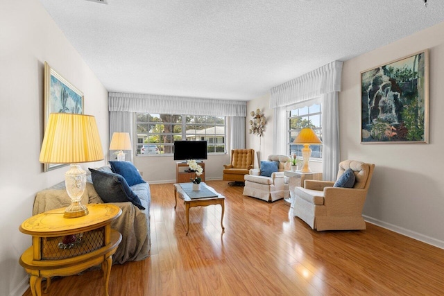 living room featuring light hardwood / wood-style floors and a textured ceiling