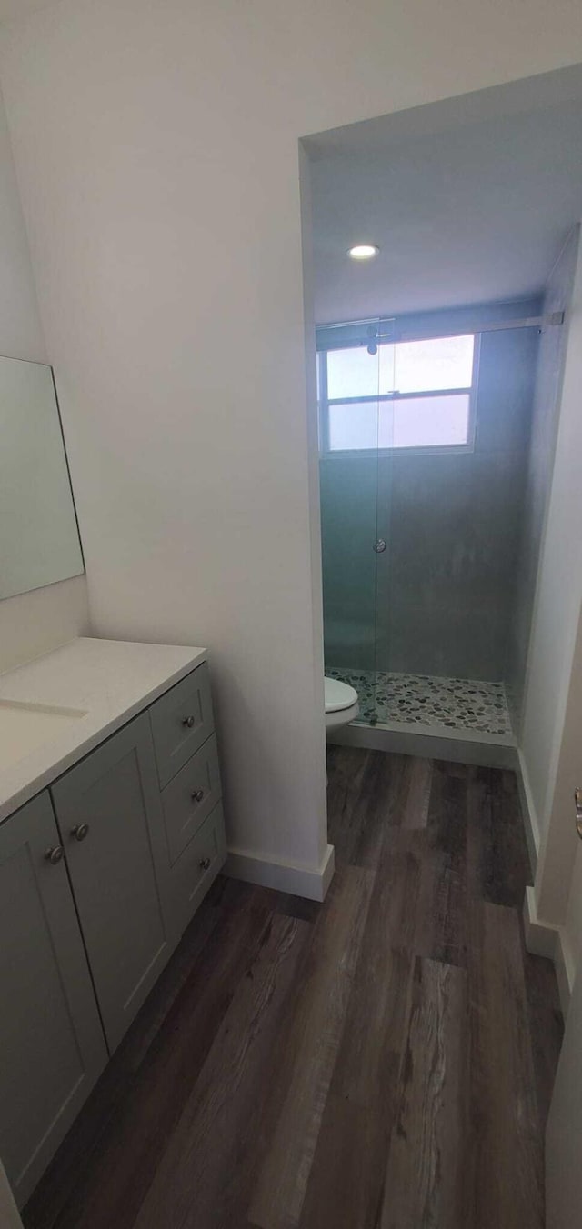 bathroom featuring a tile shower, vanity, wood-type flooring, and toilet