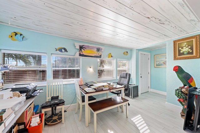 office area featuring light hardwood / wood-style flooring and wooden ceiling