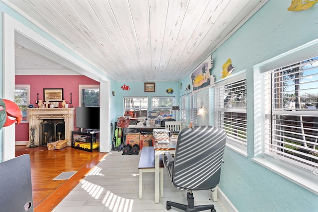 office area featuring wood-type flooring and wooden ceiling