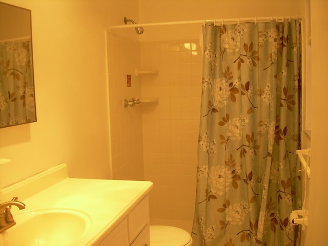 bathroom featuring vanity, toilet, and a shower with shower curtain