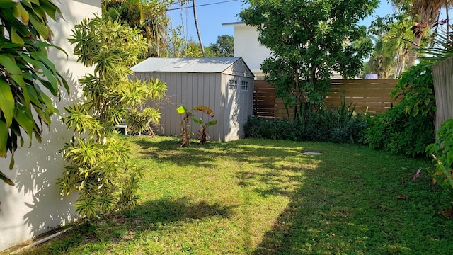 view of yard featuring a storage shed