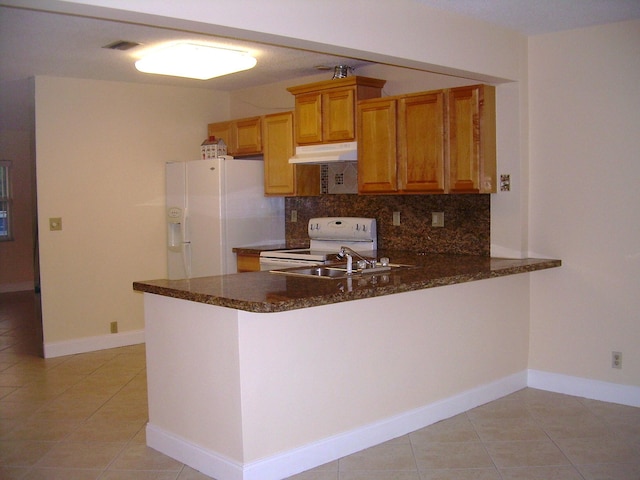 kitchen with tasteful backsplash, white appliances, kitchen peninsula, and dark stone countertops