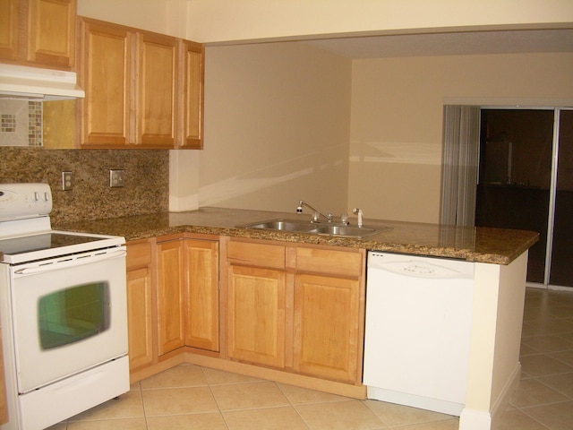 kitchen featuring sink, white appliances, light tile patterned floors, decorative backsplash, and kitchen peninsula