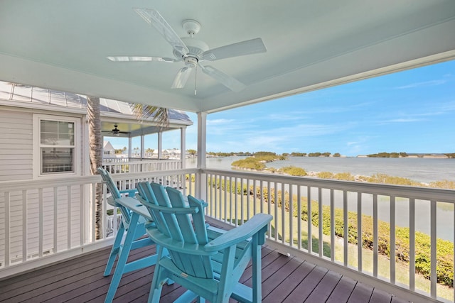deck featuring a water view and ceiling fan