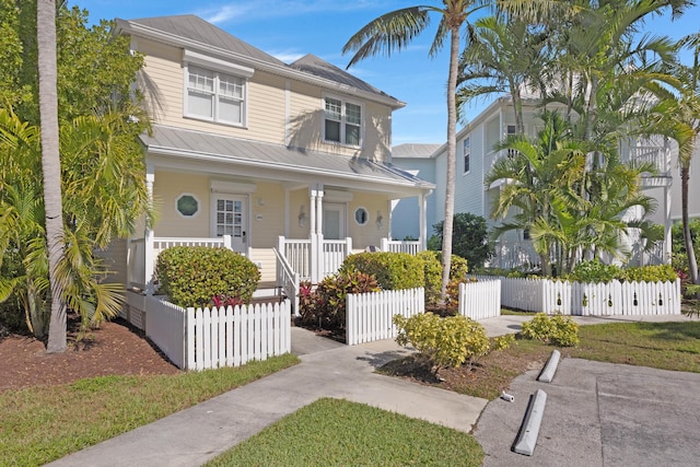 view of front facade with covered porch, a fenced front yard, metal roof, and a gate