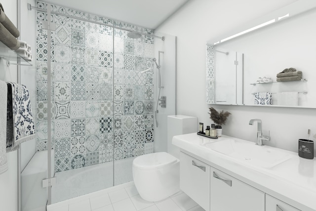 1660 S A1A Unit 222, Jupiter, FL 33477 - bathroom with a stall shower, toilet, vanity, and tile patterned floors