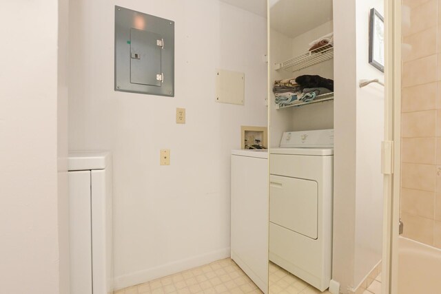 clothes washing area with electric panel and washing machine and clothes dryer