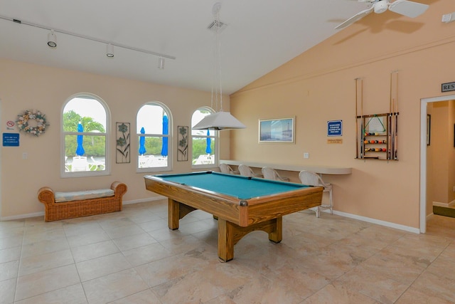 game room featuring ceiling fan, lofted ceiling, pool table, and a wealth of natural light