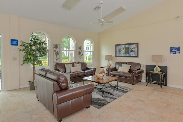 living room with lofted ceiling and ceiling fan