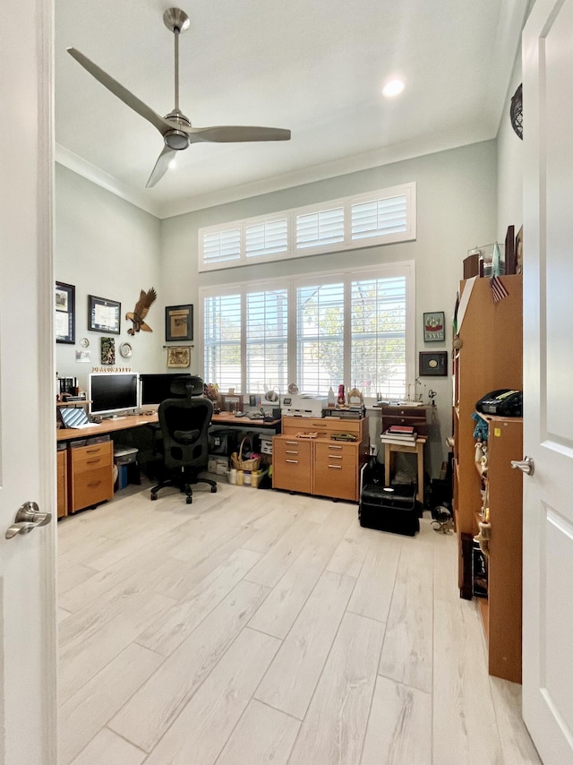 office space featuring crown molding, ceiling fan, plenty of natural light, and light hardwood / wood-style flooring