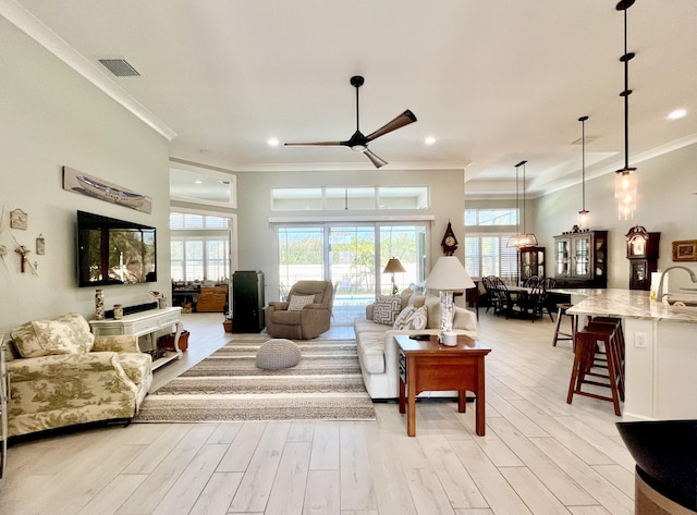 living room with sink, crown molding, light hardwood / wood-style floors, and ceiling fan