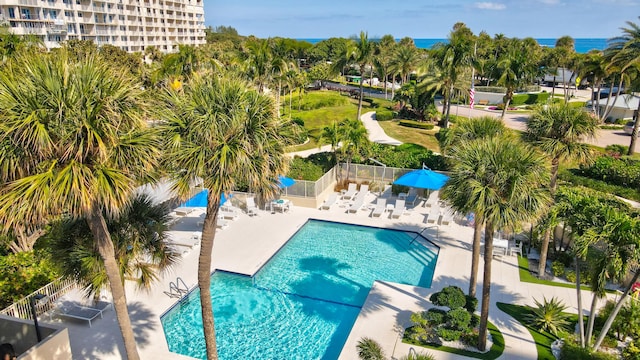 view of swimming pool featuring a patio area