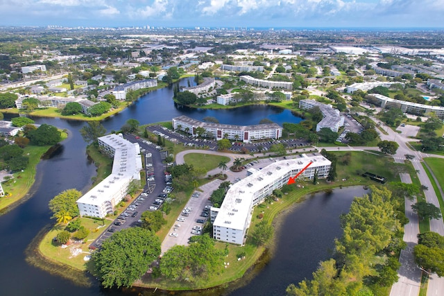 bird's eye view with a water view