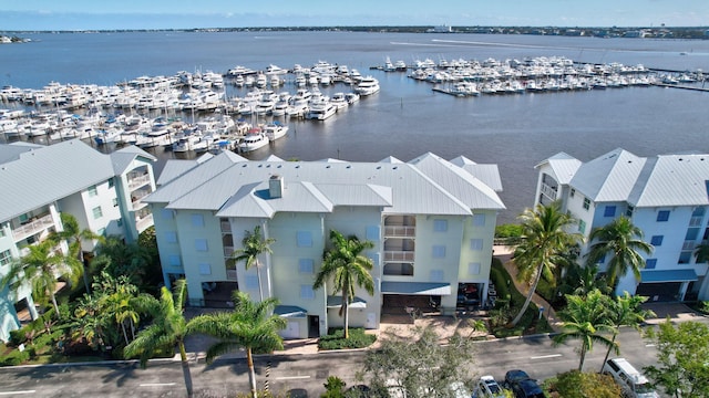 drone / aerial view with a water view