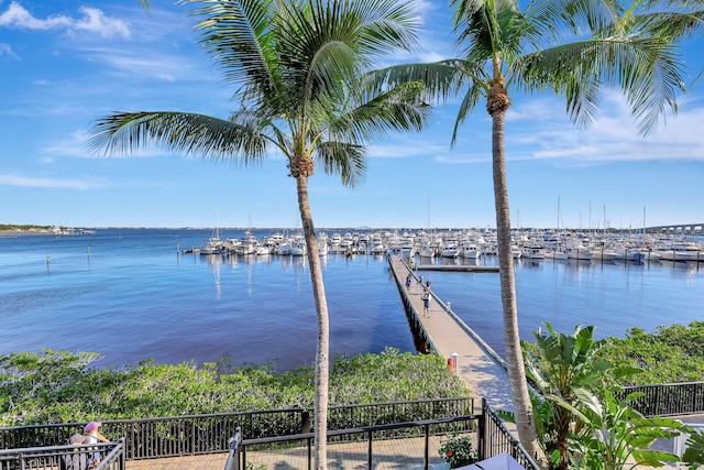 view of water feature with a boat dock