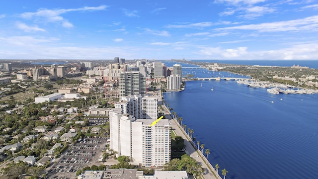 drone / aerial view with a water view