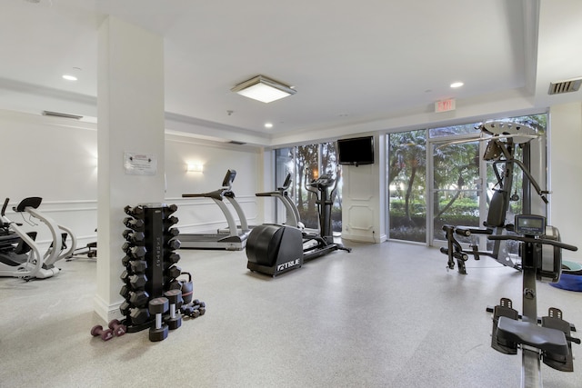 gym featuring a raised ceiling