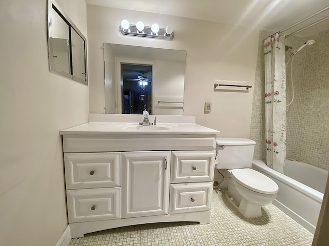 full bathroom featuring shower / bathtub combination with curtain, vanity, tile patterned floors, and toilet