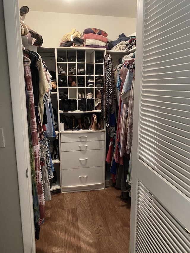 walk in closet with dark wood-type flooring