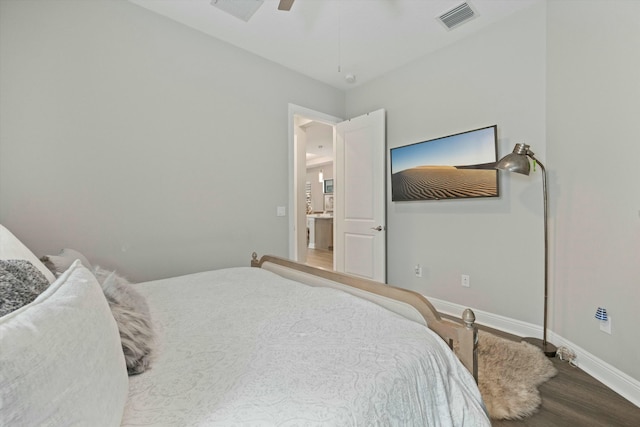 bedroom featuring ceiling fan and wood-type flooring