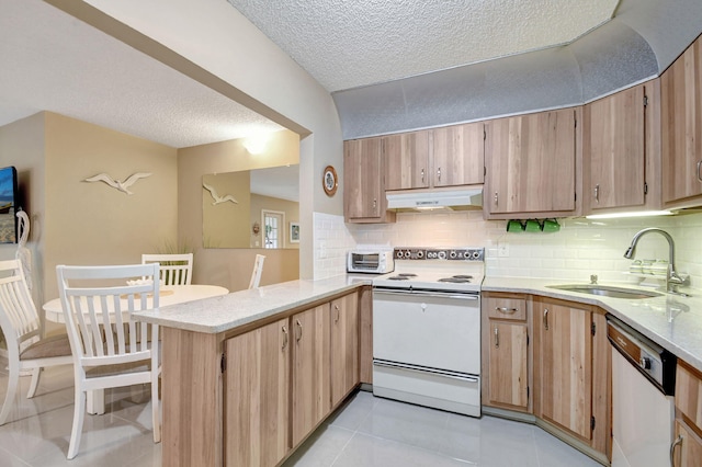 kitchen with under cabinet range hood, a sink, white appliances, a peninsula, and decorative backsplash