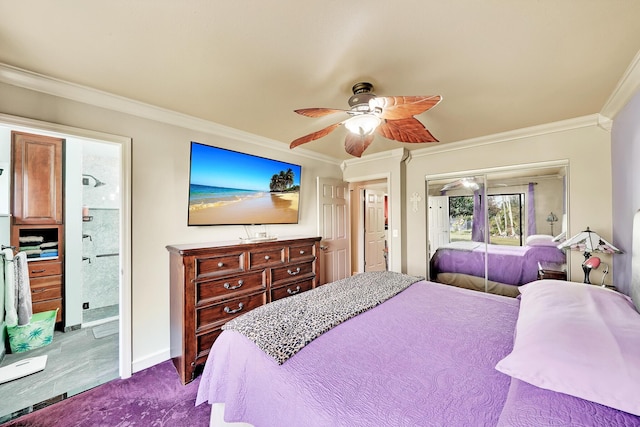 carpeted bedroom with crown molding, ceiling fan, and ensuite bathroom