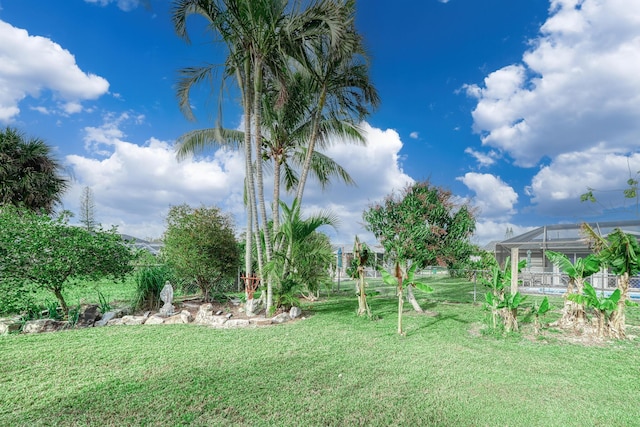 view of yard featuring glass enclosure