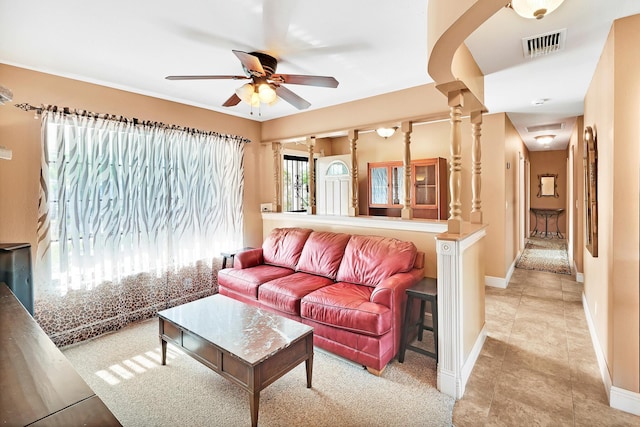 living room featuring ceiling fan