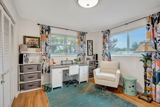 office with baseboards, a textured ceiling, and light wood-style flooring