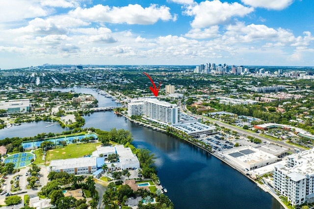 birds eye view of property featuring a water view