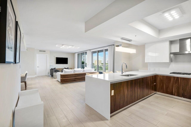 kitchen with sink, white cabinets, dark brown cabinetry, wall chimney range hood, and light wood-type flooring