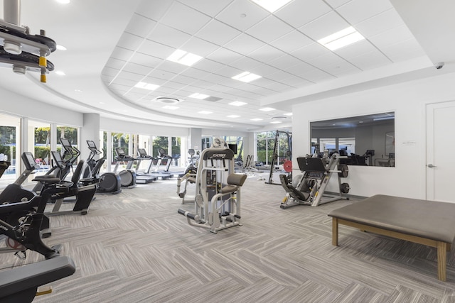 workout area with french doors, light colored carpet, a healthy amount of sunlight, and a raised ceiling