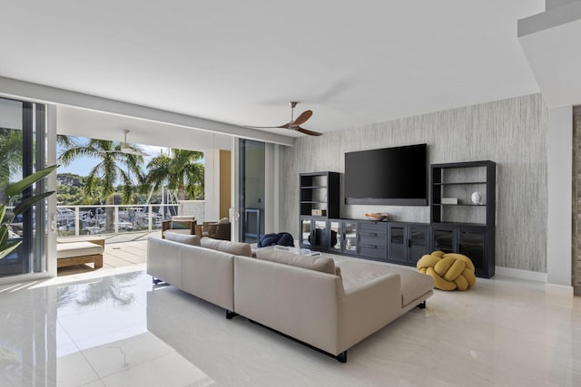 living room featuring ceiling fan