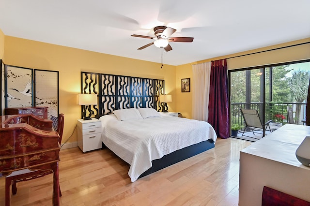 bedroom with access to exterior, ceiling fan, and light wood-type flooring