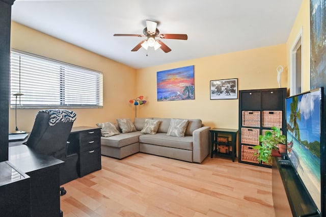 office space featuring ceiling fan and light hardwood / wood-style floors